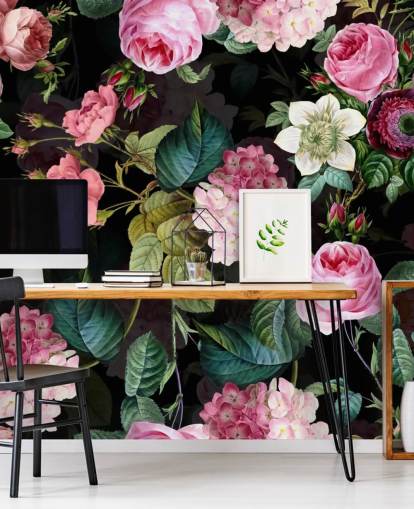 Mural de pared Rosas rosas y hojas verdes