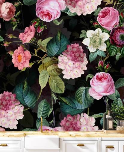 Pink Roses and Green Leaves Wall Mural
