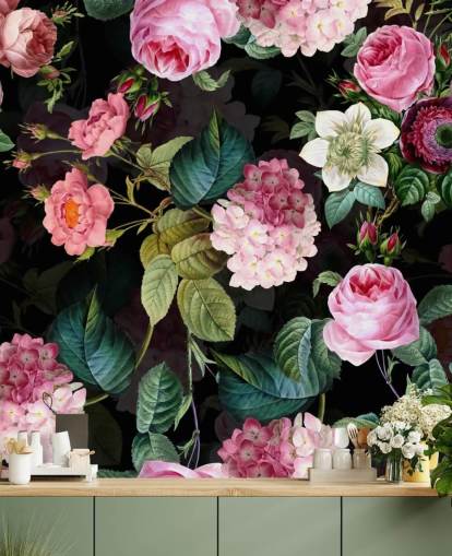Mural de parede rosas cor de rosa e folhas verdes