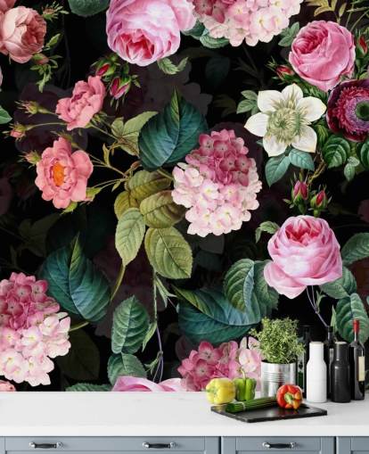Pink Roses and Green Leaves Wall Mural