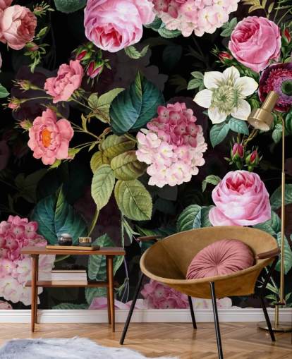 Papier Peint Fresque Roses et Feuilles Vertes