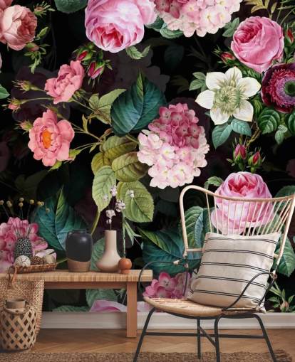 Mural de parede rosas cor de rosa e folhas verdes