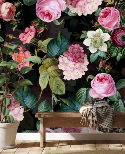 Mural de pared Rosas rosas y hojas verdes Mural de pared Rosas rosas y hojas verdes