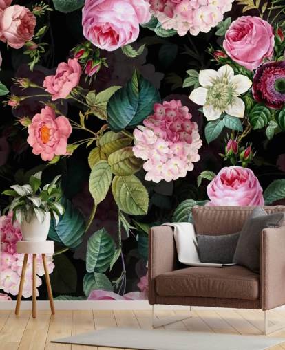 Pink Roses and Green Leaves Wall Mural
