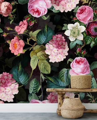 Muurschildering roze rozen en groene bladeren Muurschildering roze rozen en groene bladeren