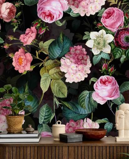 Rosa Rosen und grüne Blätter Wandgemälde