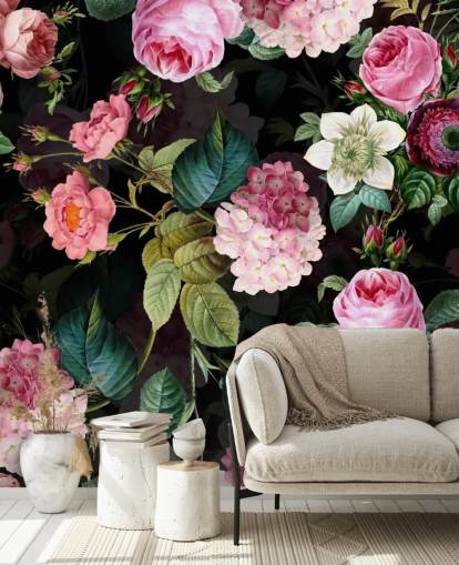 Muurschildering roze rozen en groene bladeren