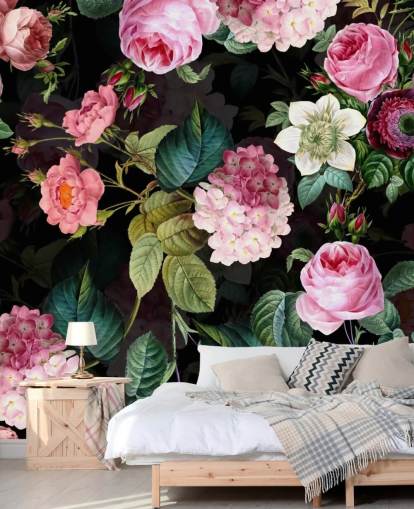 Papier Peint Fresque Roses et Feuilles Vertes