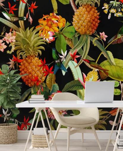 Ananas en vogels behang