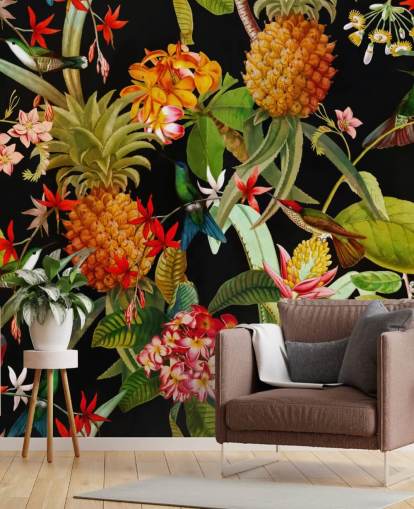 Ananas en vogels behang