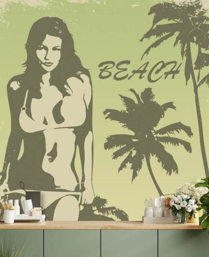 Bikini meisje op strand poster behang