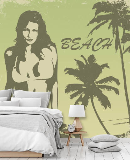 Bikini meisje op strand poster behang