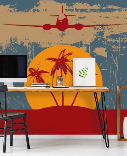 Red Palm Trees and Plane Wall Mural