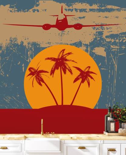 Papier Peint Fresque Palmiers rouges et Avion Papier Peint Fresque Palmiers rouges et Avion