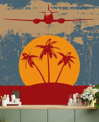 Red Palm Trees and Plane Wall Mural