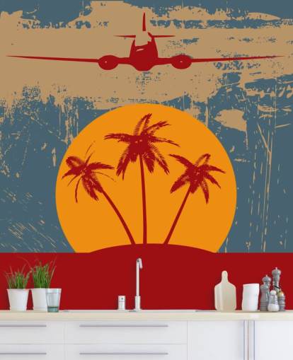 Red Palm Trees and Plane Wall Mural