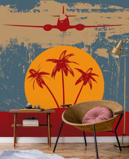 Rote Palmen und Flugzeug Fototapete