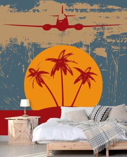 Red Palm Trees and Plane Wall Mural