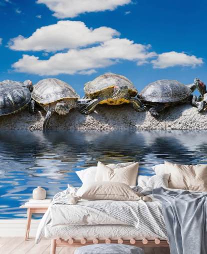 Turtles Chilling on a Rock Wall Mural Turtles Chilling on a Rock Wall Mural