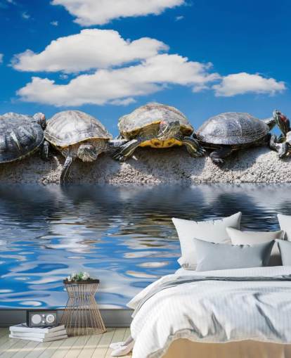 Turtles Chilling on a Rock Wall Mural Turtles Chilling on a Rock Wall Mural