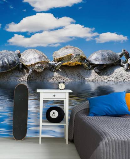 Turtles Chilling on a Rock Wall Mural