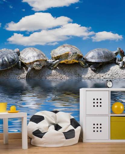 Turtles Chilling on a Rock Wall Mural