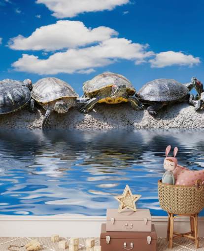 Turtles Chilling on a Rock Wall Mural Turtles Chilling on a Rock Wall Mural