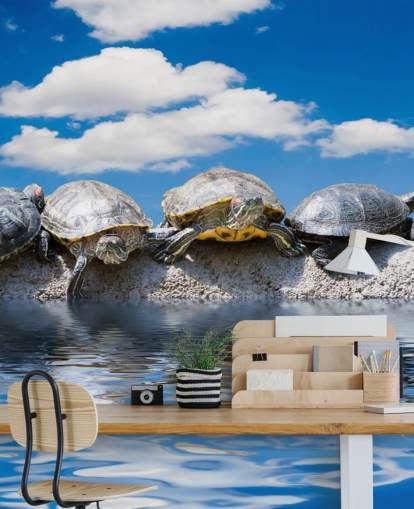 Turtles Chilling on a Rock Wall Mural