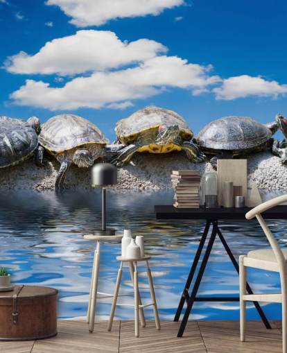 Turtles Chilling on a Rock Wall Mural