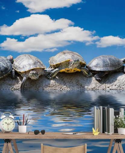Turtles Chilling on a Rock Wall Mural