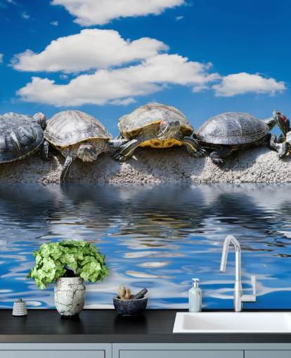 Turtles Chilling on a Rock Wall Mural Turtles Chilling on a Rock Wall Mural