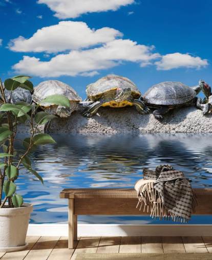 Turtles Chilling on a Rock Wall Mural