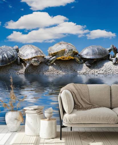 Turtles Chilling on a Rock Wall Mural