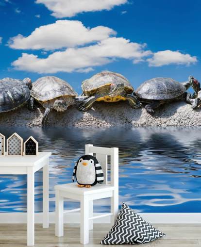 Turtles Chilling on a Rock Wall Mural Turtles Chilling on a Rock Wall Mural