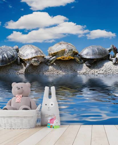 Turtles Chilling on a Rock Wall Mural