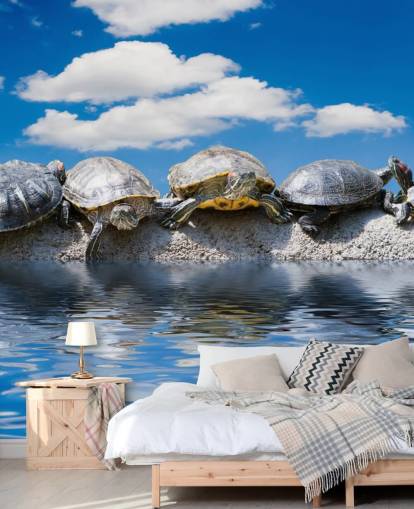 Turtles Chilling on a Rock Wall Mural Turtles Chilling on a Rock Wall Mural