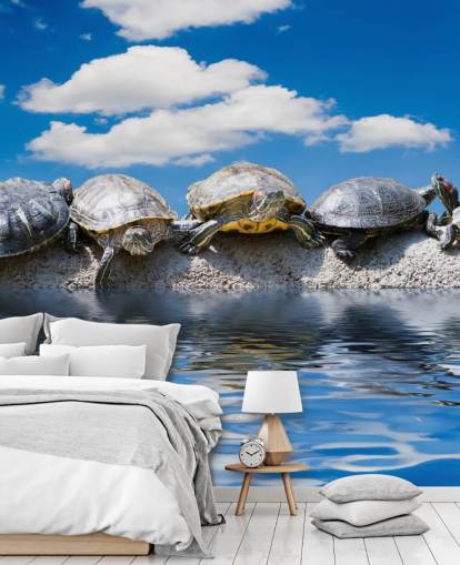Turtles Chilling on a Rock Wall Mural Turtles Chilling on a Rock Wall Mural
