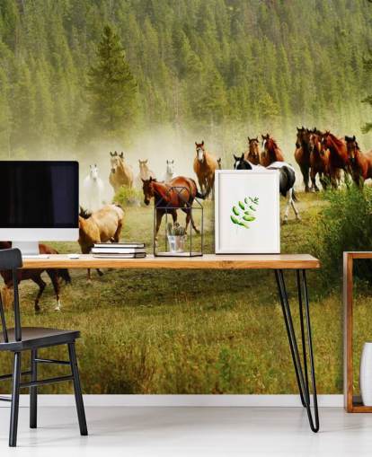 Fondo de pantalla de diferentes razas de caballos que corren en el campo de pino