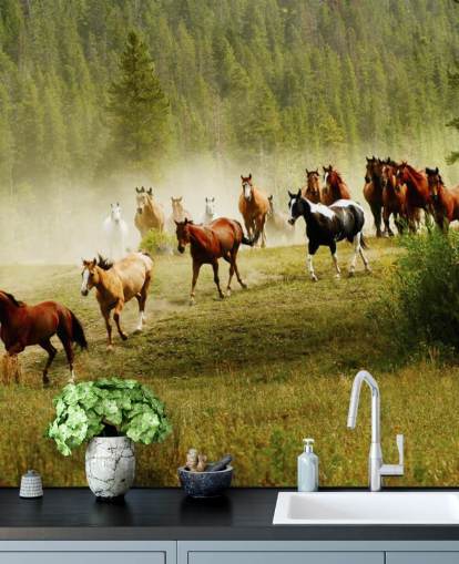 Fondo de pantalla de diferentes razas de caballos que corren en el campo de pino