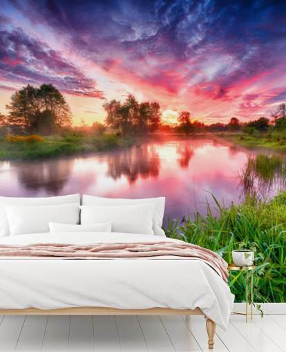 roze en paarse zonsondergang hemel door rivier behang roze en paarse zonsondergang hemel door rivier behang
