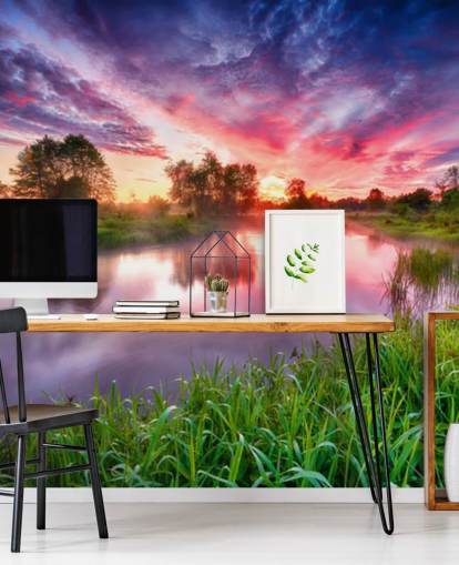 pink and purple sunset sky by river wallpaper