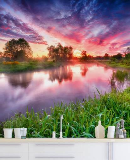pink and purple sunset sky by river wallpaper