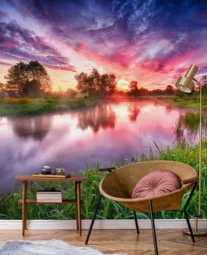 pink and purple sunset sky by river wallpaper