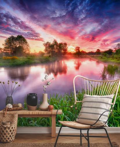 pink and purple sunset sky by river wallpaper