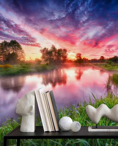 pink and purple sunset sky by river wallpaper