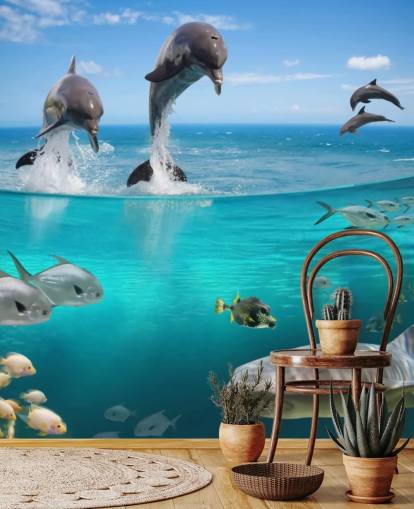 Decorazione murale con delfini che giocano sull'acqua