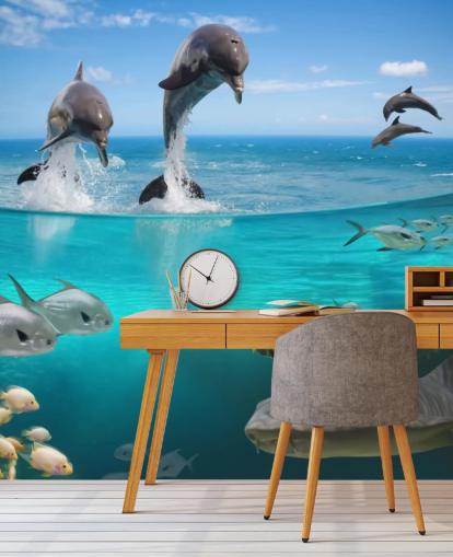 Dolphins Playing above Water Mural