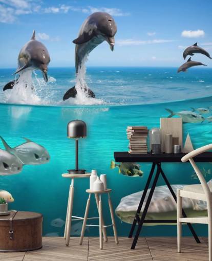 Decorazione murale con delfini che giocano sull'acqua