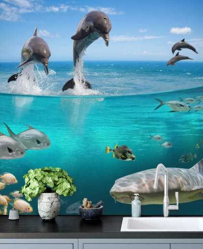 Delfine spielen über Wasser Fototapete Delfine spielen über Wasser Fototapete