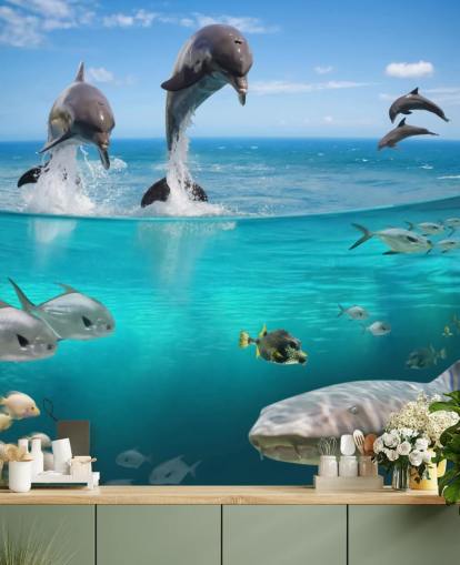 Decorazione murale con delfini che giocano sull'acqua